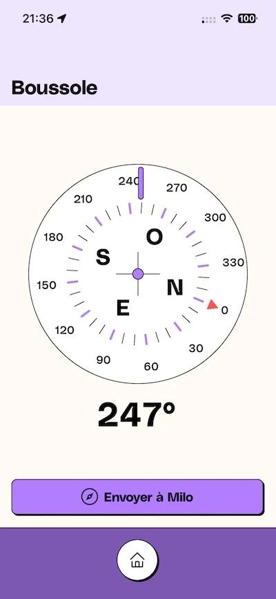 Capture d'écran de l'application mobile Eskap qui montre un compas